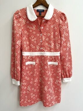 ModCloth retro floral checkered long sleeve dress Peter Pan collar orange white